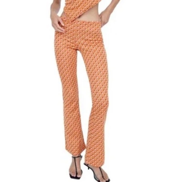 Zara orange jacquard knit geometric pull on flare pants size large - Picture 3 of 11